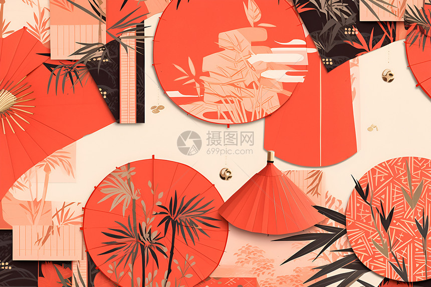 红伞林间的竹影图片