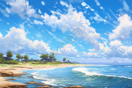 游鱼海景风景画湛蓝天空下的海滨风景画插画