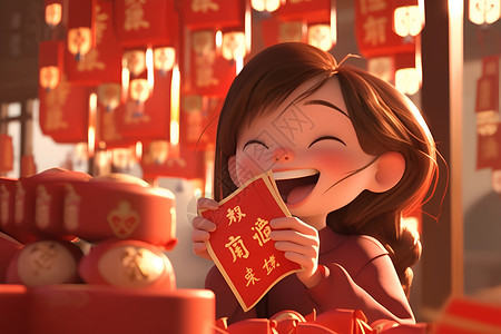 微笑女孩握着红包图片素材