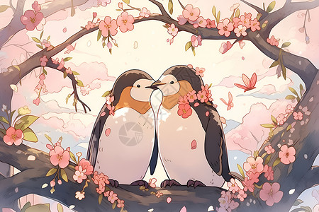 可爱情侣小企鹅企鹅浪漫之吻插画