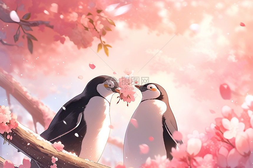 春天爱恋的企鹅图片