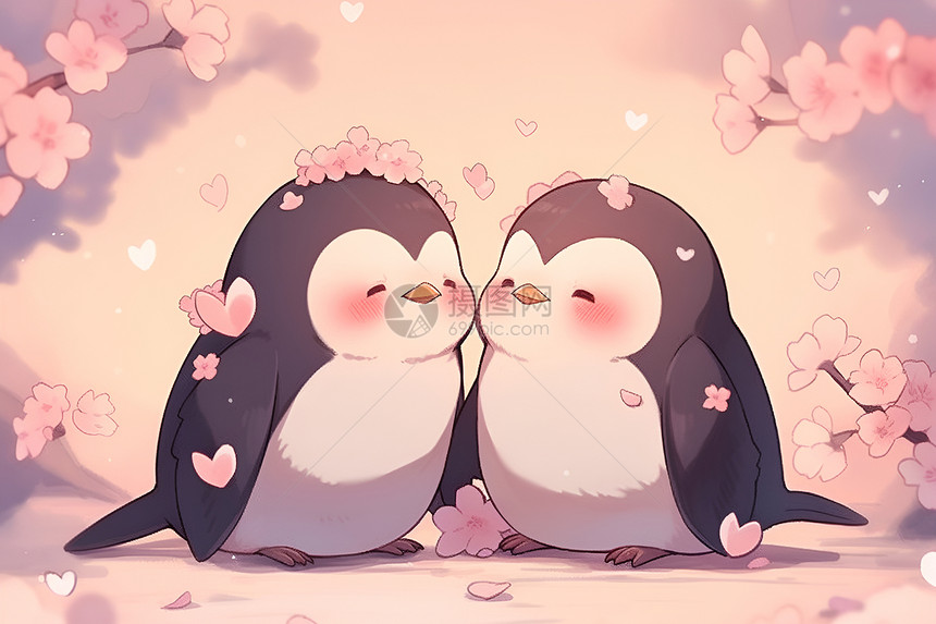 恋爱中的企鹅情侣图片
