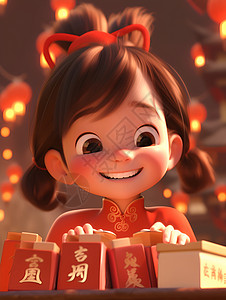 欢度新年的红包小女孩插图背景图片