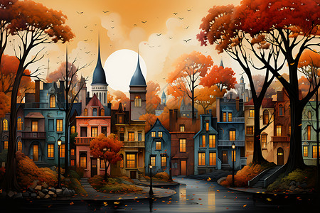 河流和秋天的城市背景图片