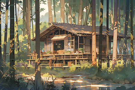 森林里的木屋背景图片