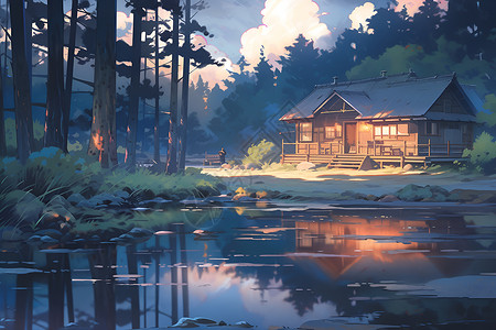 湖畔的小屋树木屋檐草高清图片