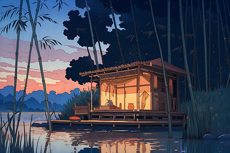 湖畔夜色湖畔小屋下的夜色插画