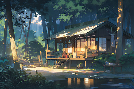 一座小屋矗立在竹林中高清图片