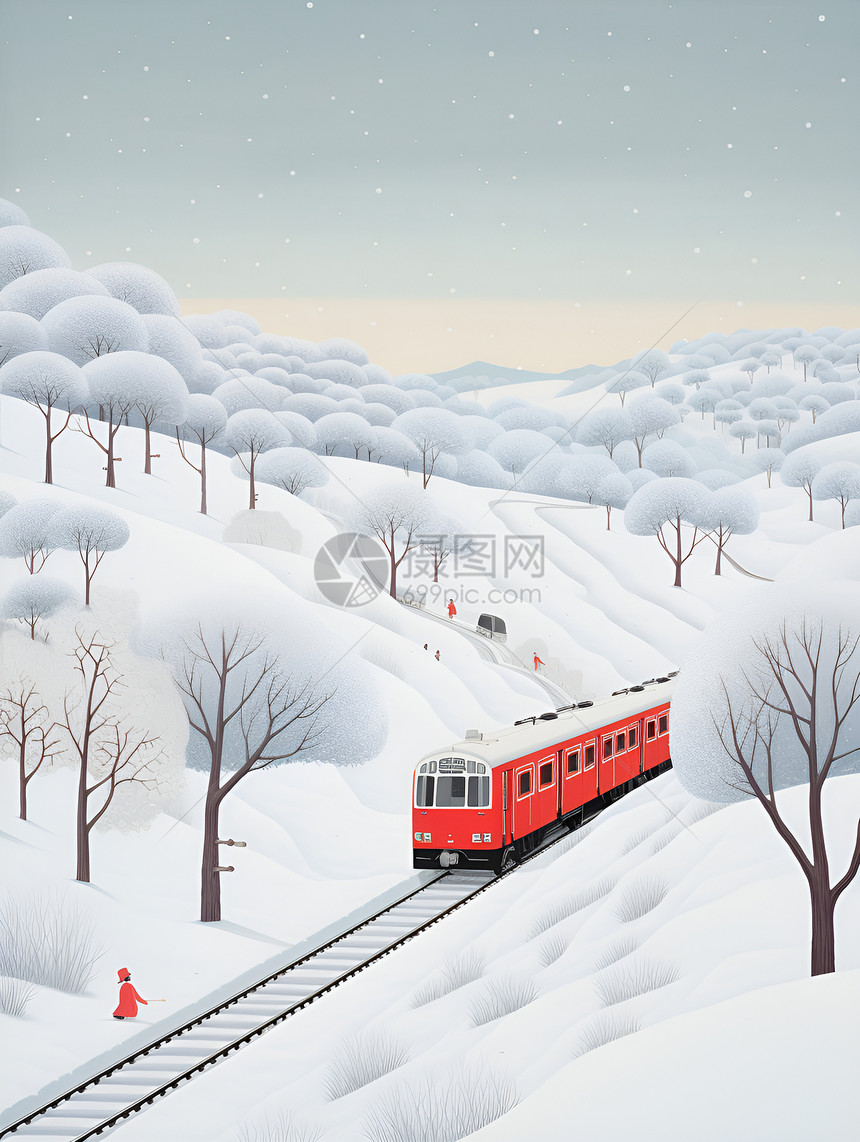 红火车穿越雪白森林图片