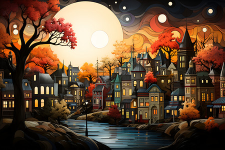 秋日神奇小镇的创意插图背景图片