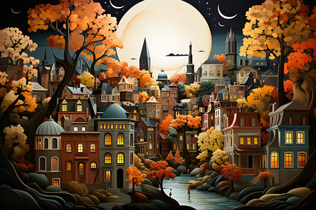 秋季色彩的城市创意插图背景图片