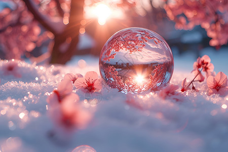 桌上冰球雪地上的水晶球设计图片