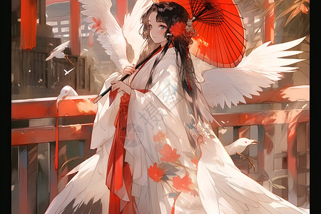白色栏杆一位姑娘身穿白色羽毛仙袍插画
