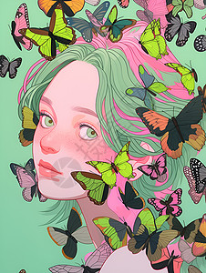 绿发女子与蝴蝶飞舞背景图片