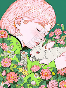 抱着兔子的插画少女背景图片