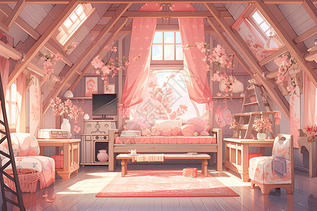家装卧室粉色的卧室装饰插画