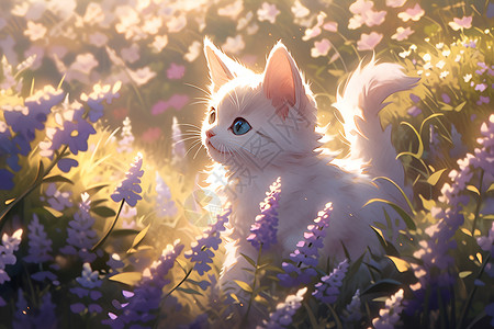 奇幻花园白猫在花海中漫步插画