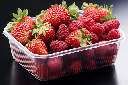 装满草莓的塑料盒高清图片