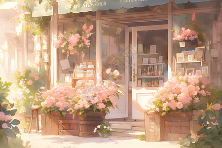 花店的鲜花水彩画厨窗高清图片