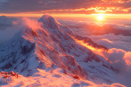 雪山云雾山顶上的壮观日出背景