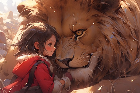 女孩依偎在狮子旁高清图片