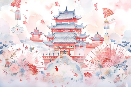 卡通风格的中国风古建筑插图背景图片