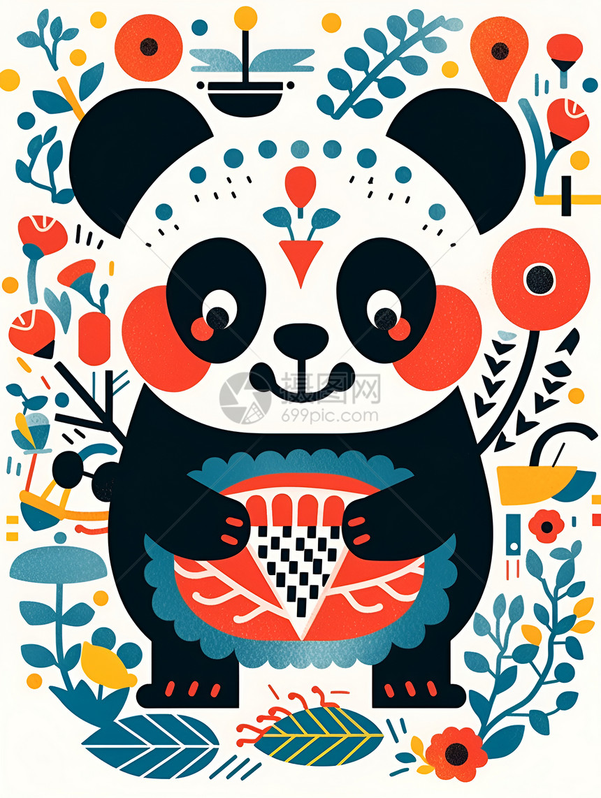 色彩斑斓的卡通熊猫创意插图图片