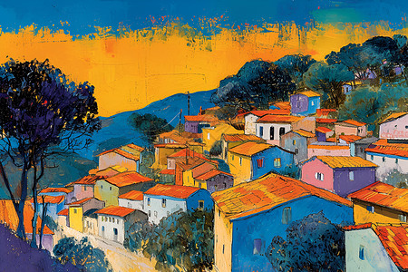 彩笔触描绘的村庄背景图片
