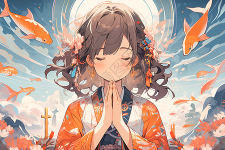 大海中祈祷的少女背景图片