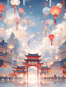 春节奇幻的古城建筑背景图片