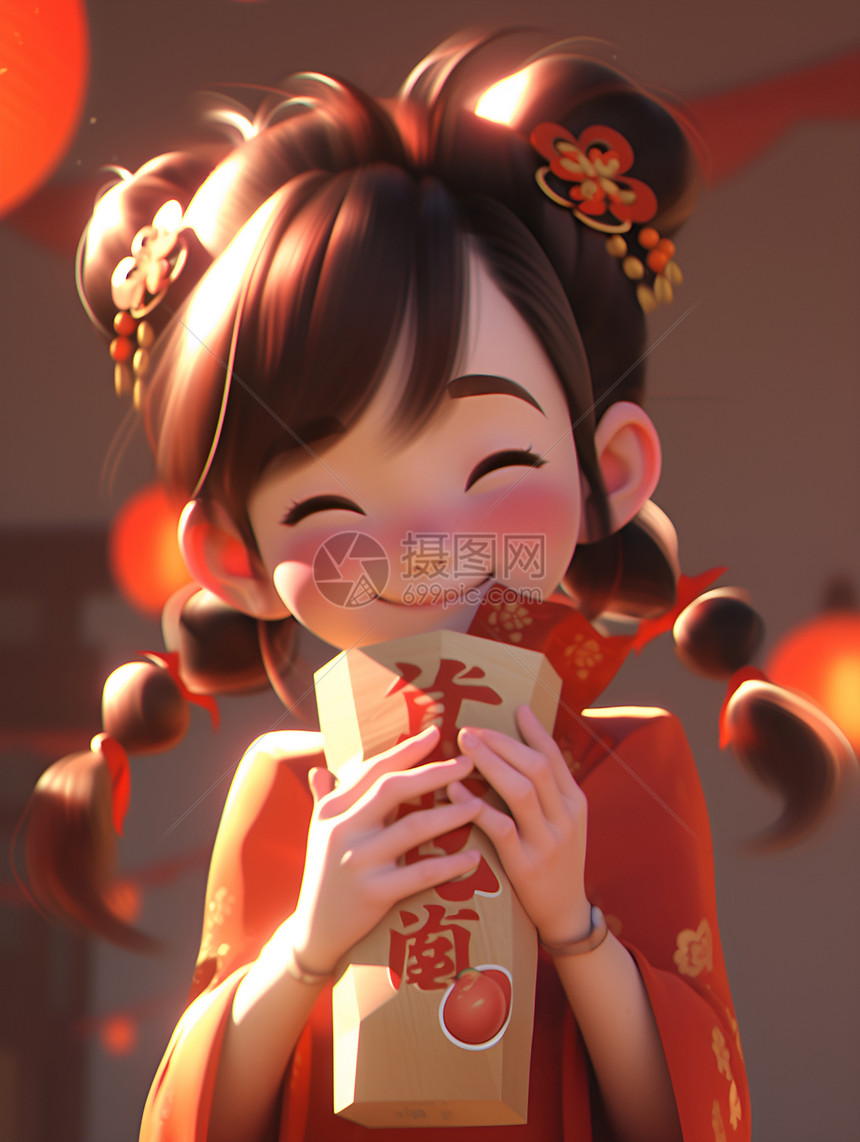 快乐的中国小女孩拿着红包图片