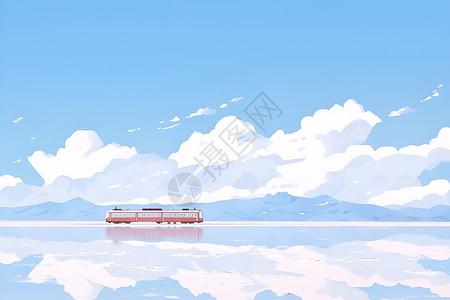 宽敞蓝天宁静湖泊上有一辆小火车插画