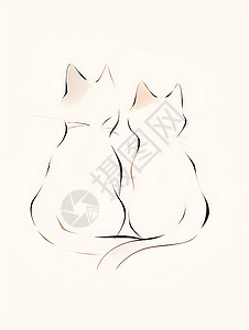 猫咪框双猫绘画作品优雅极简白底黑框流畅签名.插画
