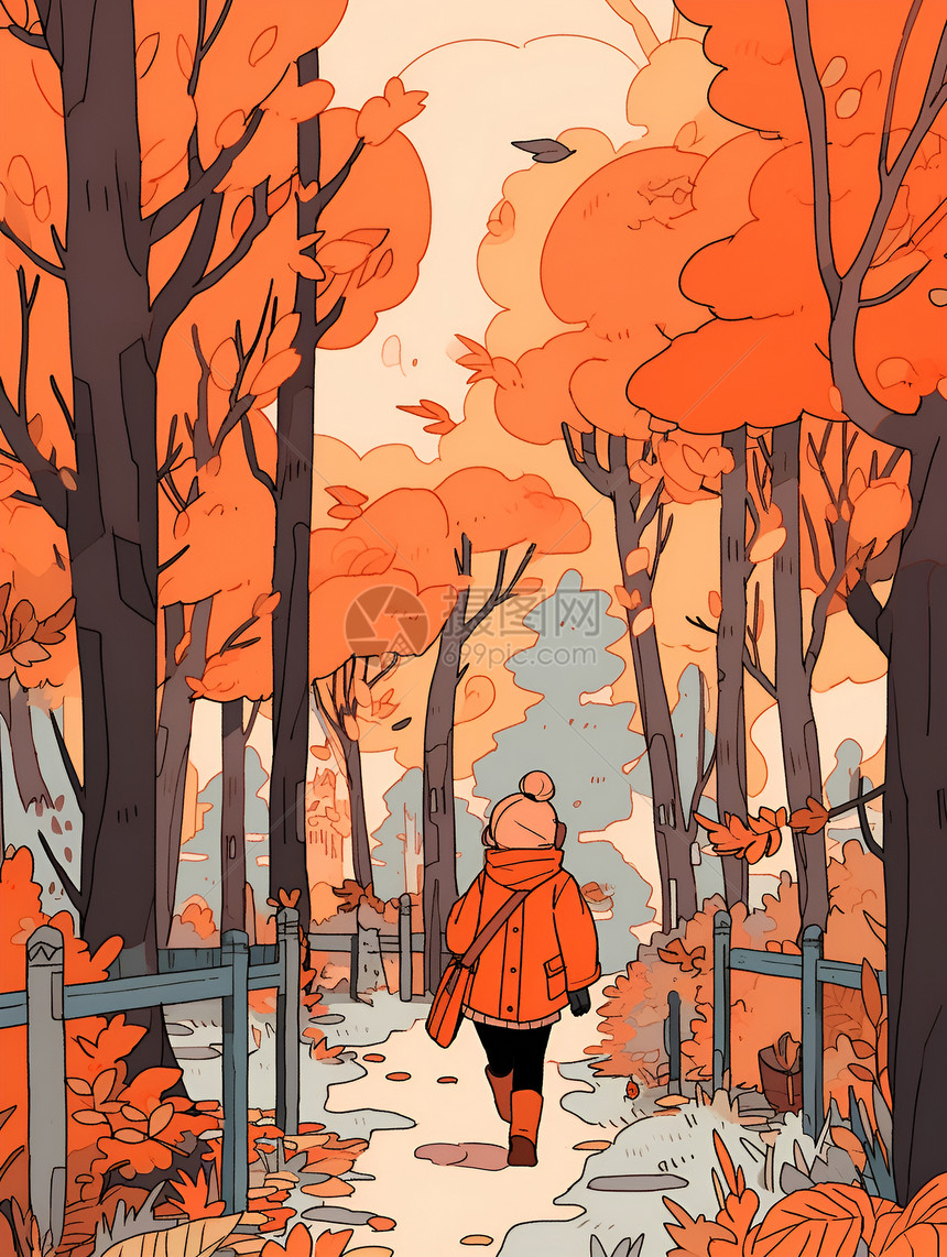 秋日漫步的女孩插画图片
