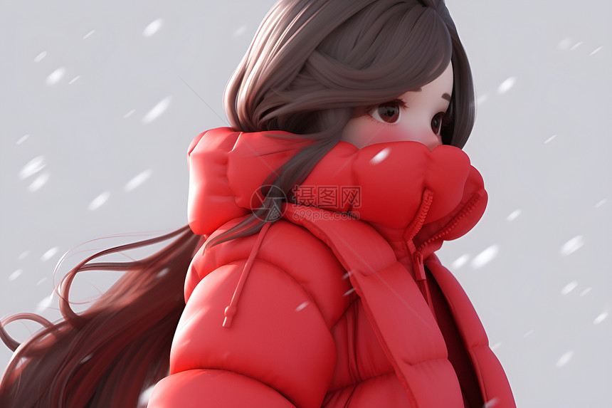 雪中红衣女孩的微笑图片