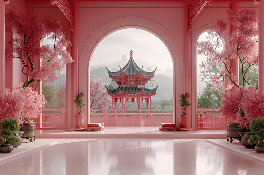 复古粉红色的中式建筑图片