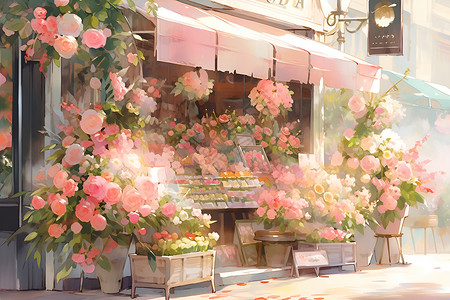 欧式建筑的街角街角花店的美丽鲜花插画