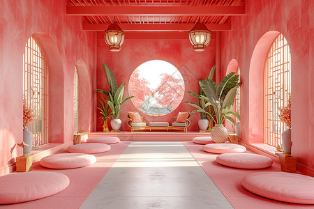 典雅粉色月季花中国古代阁楼设计图片
