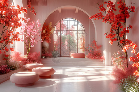 典雅粉色月季花粉色的房间设计图片
