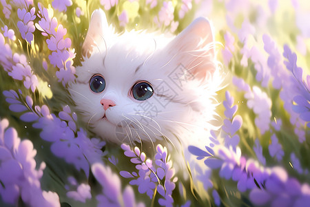 高清薰衣草花海花海的小白猫插画