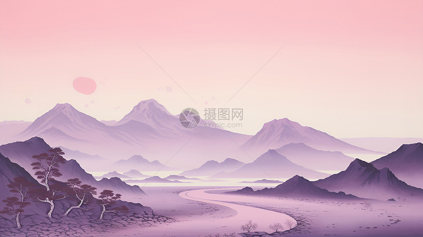 紫色的插画山脉图片