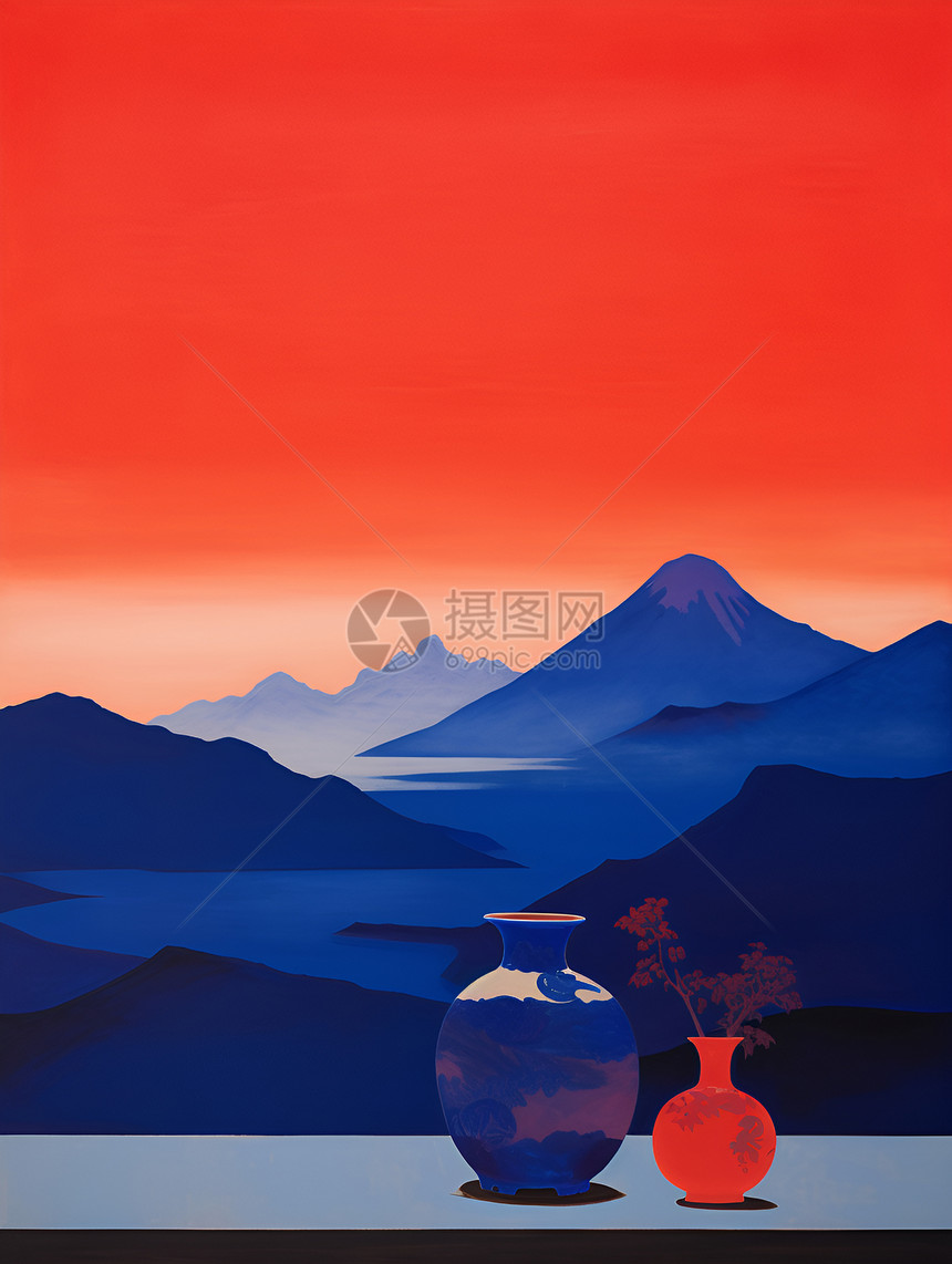 夕阳下的山水画图片