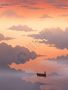 孤独日出静谧湖面上的孤舟插画