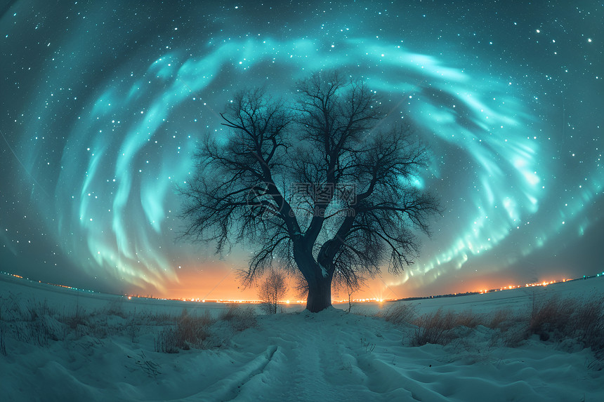 雪地中树上灯光图片