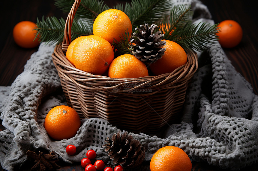 圣诞季的橙子与松果图片