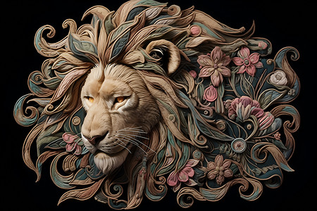 狮子的绣花头像高清图片