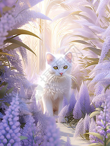 紫色花海中的白猫背景图片