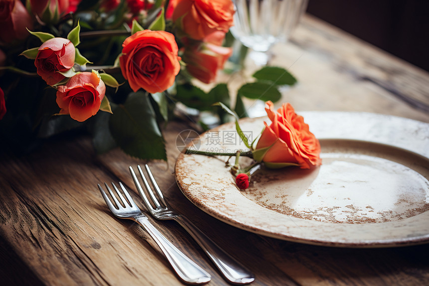 浪漫的鲜花与餐具图片