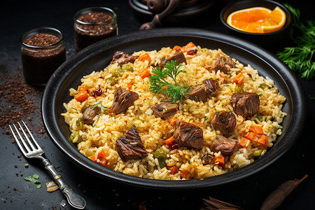 一盘有肉和米饭的食物背景图片