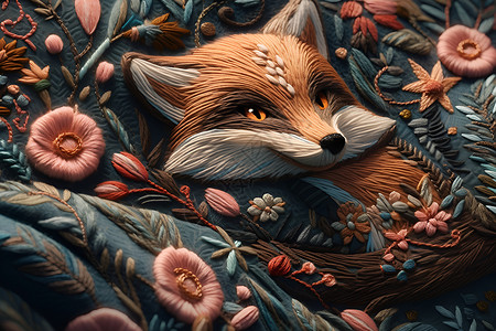 狐狸刺绣作品背景图片